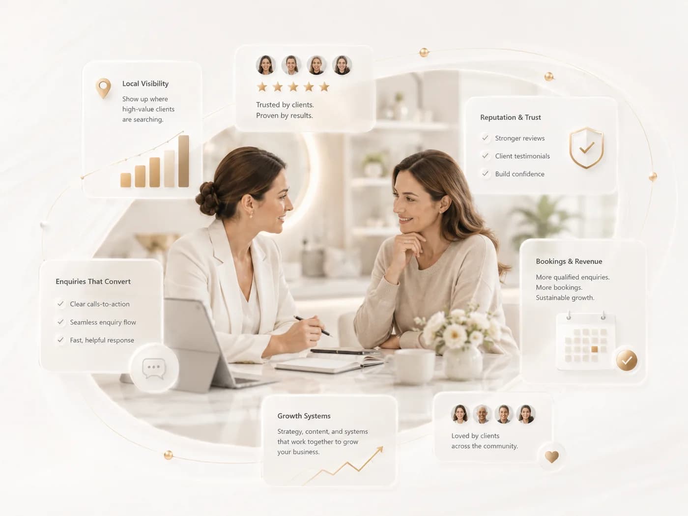Minimal OmniXing visual showing premium interconnected growth signals for trust-led businesses.