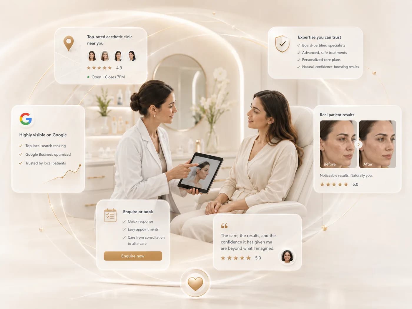 Elegant clinical and aesthetic care visual showing treatment, reviews, local visibility, and booking cues.