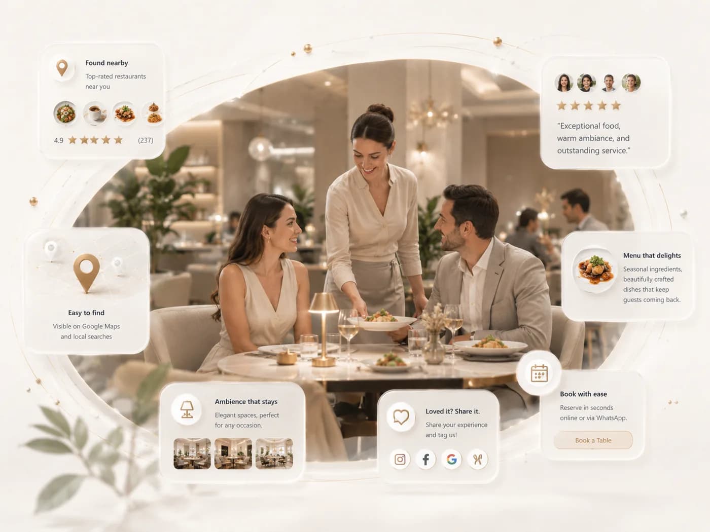 Luxury restaurant discovery visual with ambience, maps, ratings, and local dining appeal.