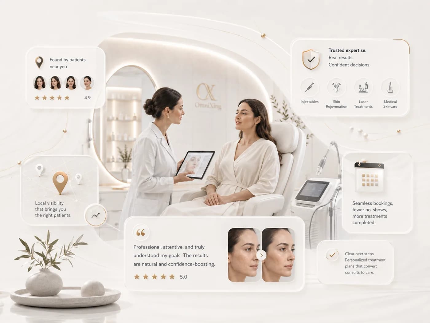 Premium dermatology and med-aesthetic clinic visual with consultation, treatment planning, and booking cues.